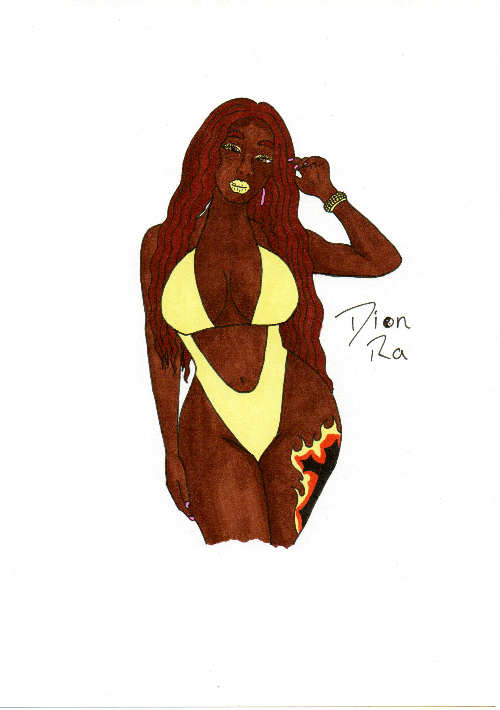 An alcohol marker illustraton of a dark-skinned Black woman wearing a bright yellow swimming suit with a deep V in the front that leaves her belly exposed. She has a large tattoo on her left thigh of a gothic black cross, outlined in orange and yellow flames. Her lipstick and eyeshadow match her yellow suit, as does the bracelet she's wearing on her left hand, which is raised up and touching her hair. Her hair is curly and long, extending to her midriff, and almost the same dark brown as her skin, but with a reddish tint to it. She is also wearing bright pink earrings and nail polish. Her eyes are a very light brown.