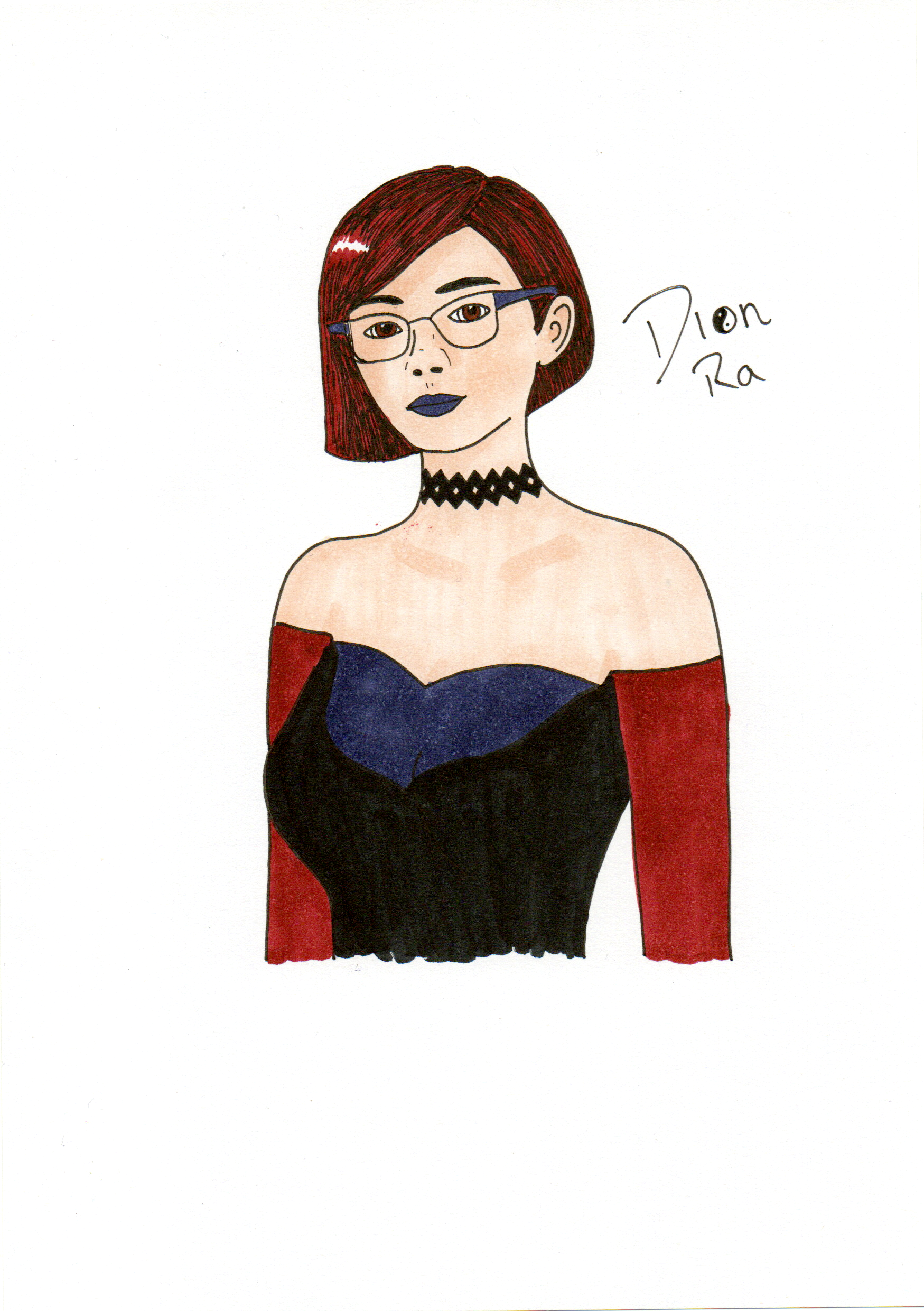 An alcohol marker illustraton of a very pale white woman in a dark black dress with red off-the-shoulder sleeves. The bosom of the dress is a very dark blue, almost purple, that matches her lipstick and the frames of her glasses. Her hair is short and red and in a bob cut. She is wearing a black choker necklace. Her eyes are brown.