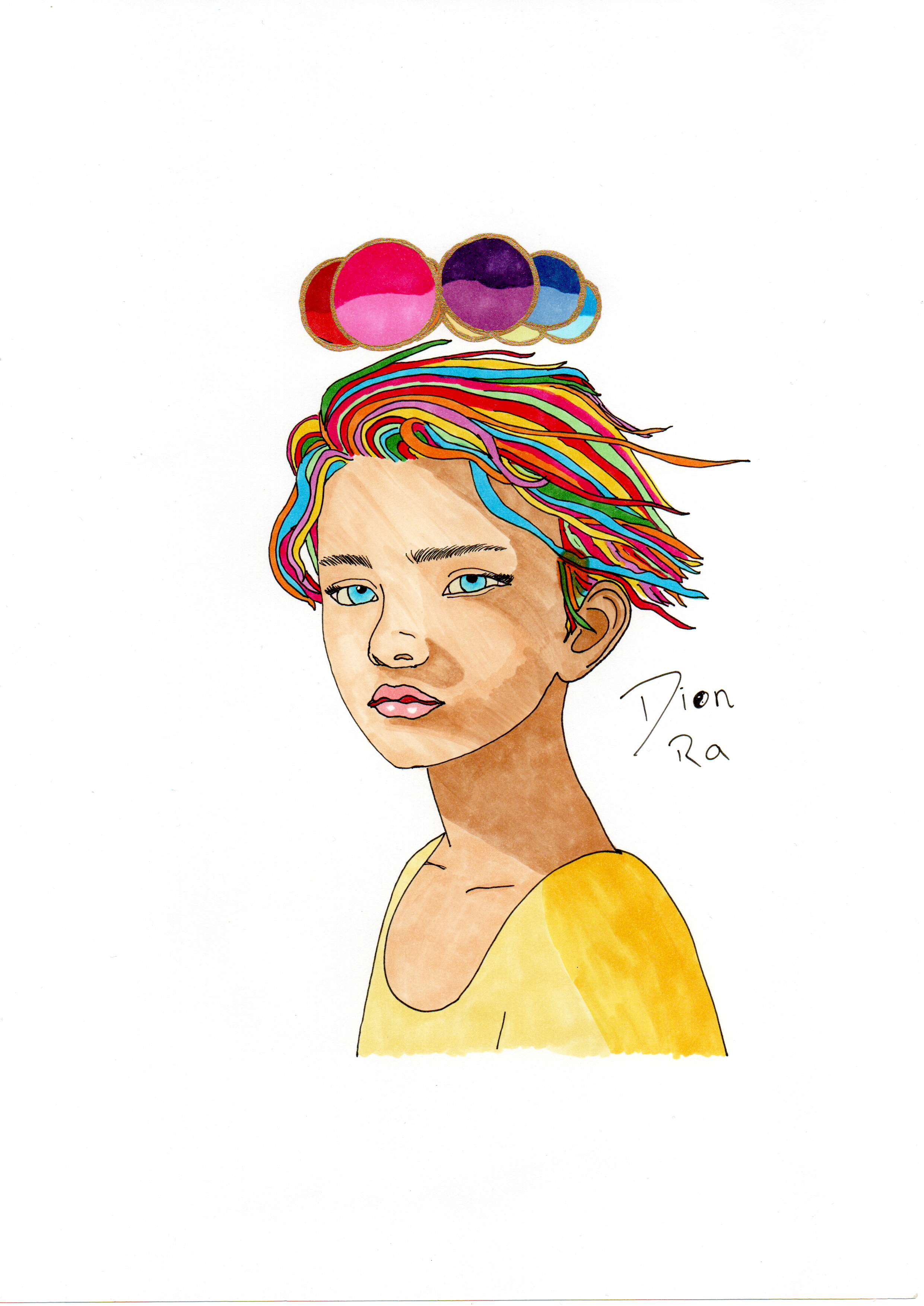 An alcohol marker illustraton of a white non-binary person wearing a yellow shirt in bright sunlight. Their hair is multicoloured with each strand a different random colour. They are in 3/4 profile but turned to face the camera. Above their head is a ring of magical orbs outlined in gold, each a different colour of the rainbow but in two shades, darker on top and lighter on bottom. Their eyes are bright blue.