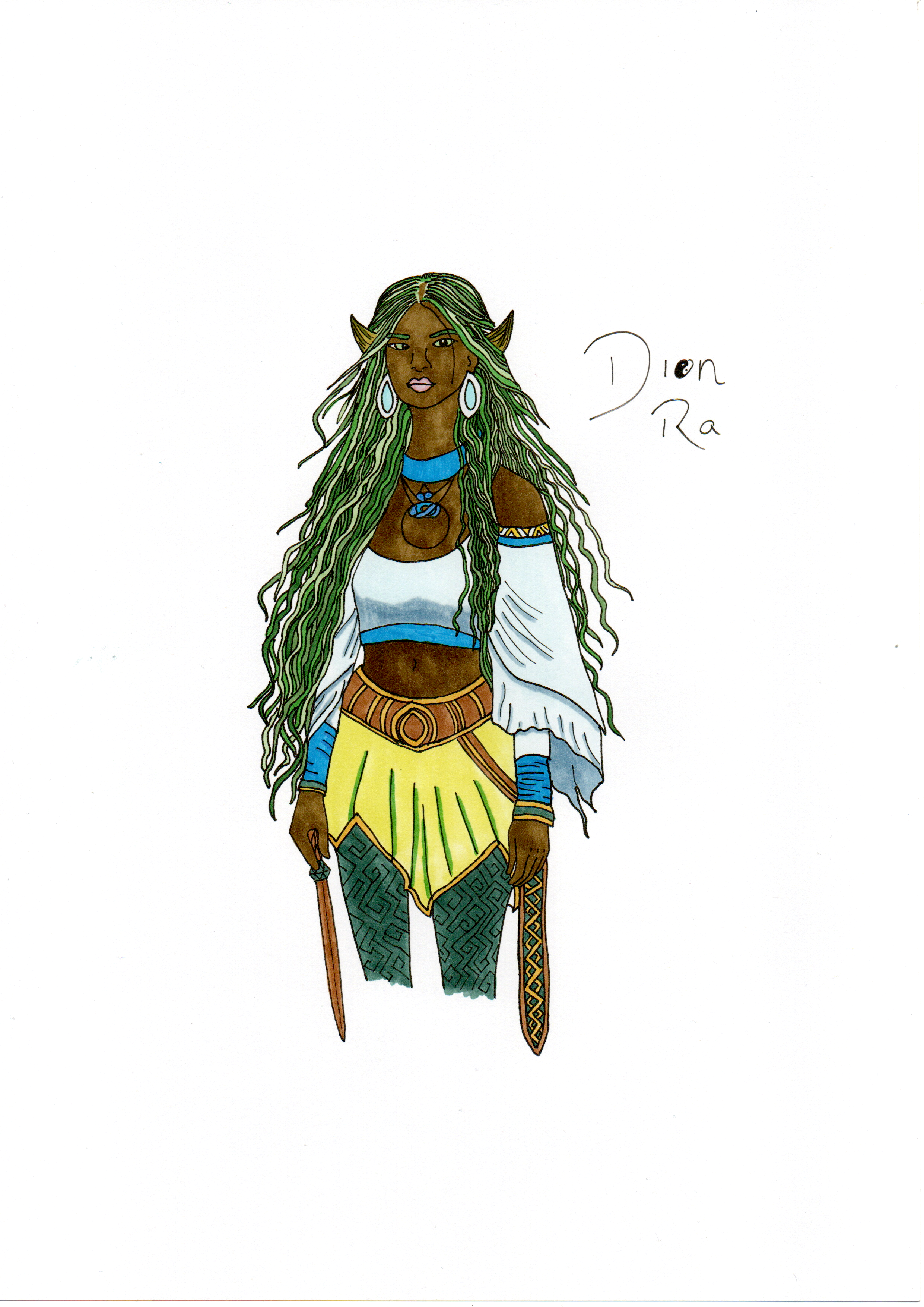 An alcohol marker illustraton of an ethereal Black woman with horns on the sides of her head and extremely long green hair in multiple different shades. She is wearing a light blue tube top with long flowy sleeves and bands of dark blue at the hem and at the top of the shoulders. She has wrist wrappings of the same dark blue and bracelets of green and gold. She has a thick blue choker necklace and a complicated hoop pendant necklace with blue beads in the centre. She has large oval dangle earrings, light blue on the outside and dark blue on the inside. She is wearing a light green skirt with gold edging over dark green leggings with a complicated maze pattern on them. A thick brown and gold belt has a scabbard hanging from it, in gold and dark green, and she is holding a short bronze sword in her right hand, with a dark green pommel.