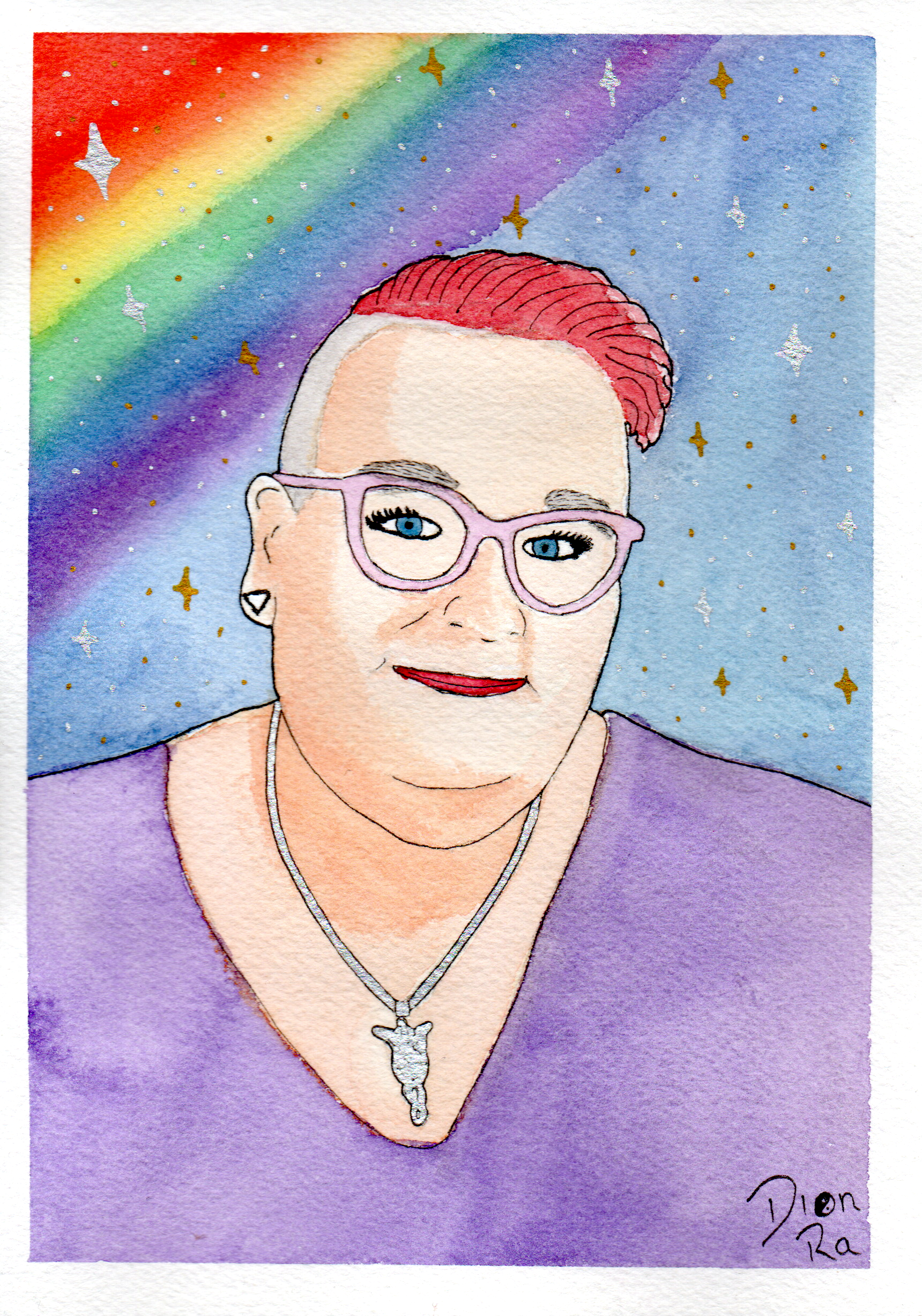 A watercolour picture of a fat white trans woman with her hair in a short red crest. She is wearing a purple v-cut top and a silver necklace in the shape of Arwen's Evenstar Pendant from Lord of the Rings. She has purple glasses on and red lipstick. Her eyes are blue. The background is blue with a rainbow in the top left corner, and dotted with silver and gold stars.