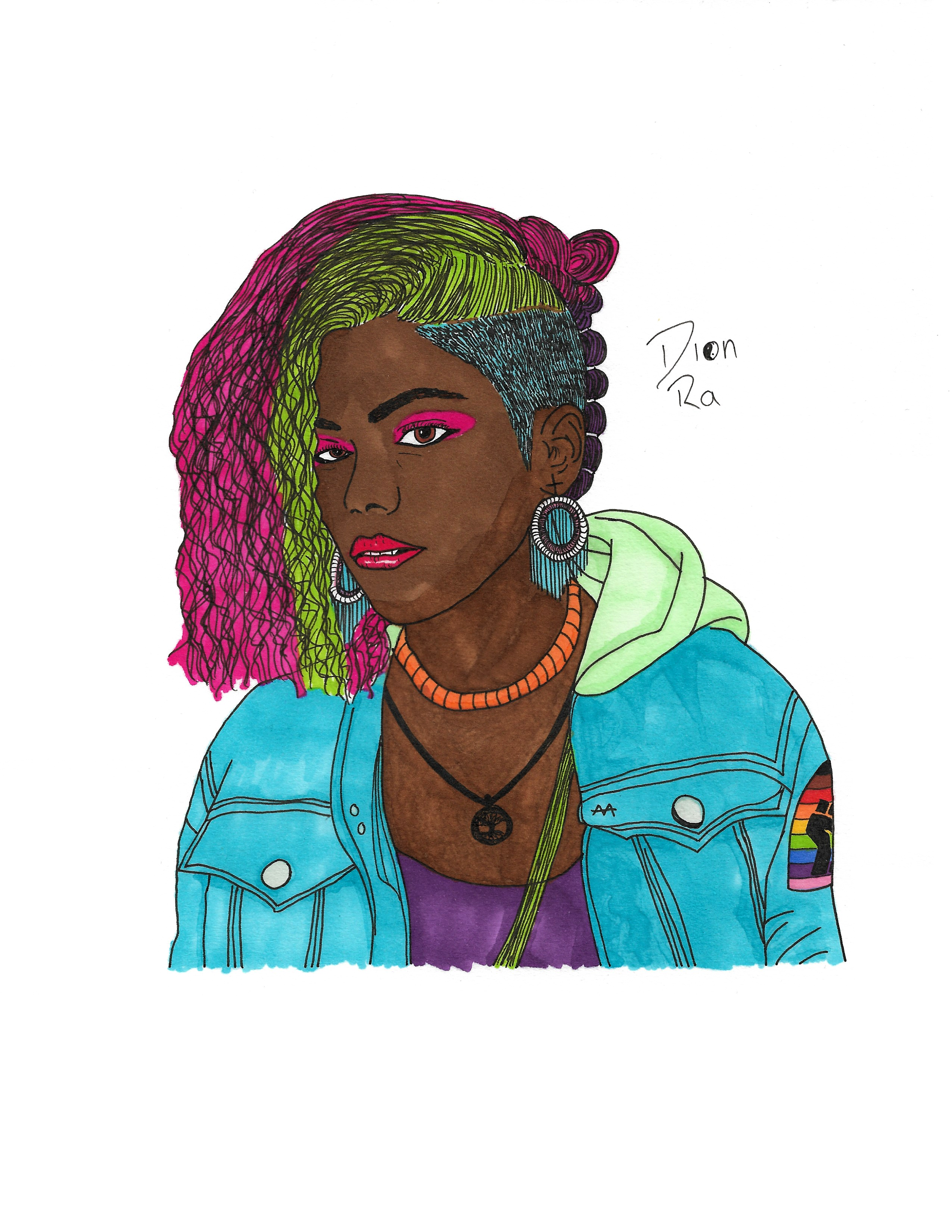 An alcohol marker illustration of a dark-skinned Black trans woman. She is wearing a purple scoop neck top with a bright blue denim jacket. One shoulder shows part of a patch with a Black Power fist with a Progress Pride flag background. She is wearing a short orange beaded necklace and a longer tree of life pendant necklace. Her hair is shaved on her left side, and medium length and frizzy on her right, fastened in rings up the back of her head and then left to freefall on her right side. Her hair is dyed blue where it's shaved, purple at the back, green in the middle, and pink on the right, with some of the green hair swept over and falling to the right. Her face is highlighted with pink eyeshadow, red lipstick, and beaded-hoop dangle earrings that are done in trans pride colors and fastened with a cross, so that they resemble an upside-down female symbol. She has the green strap of a cross-body bag falling across her chest.