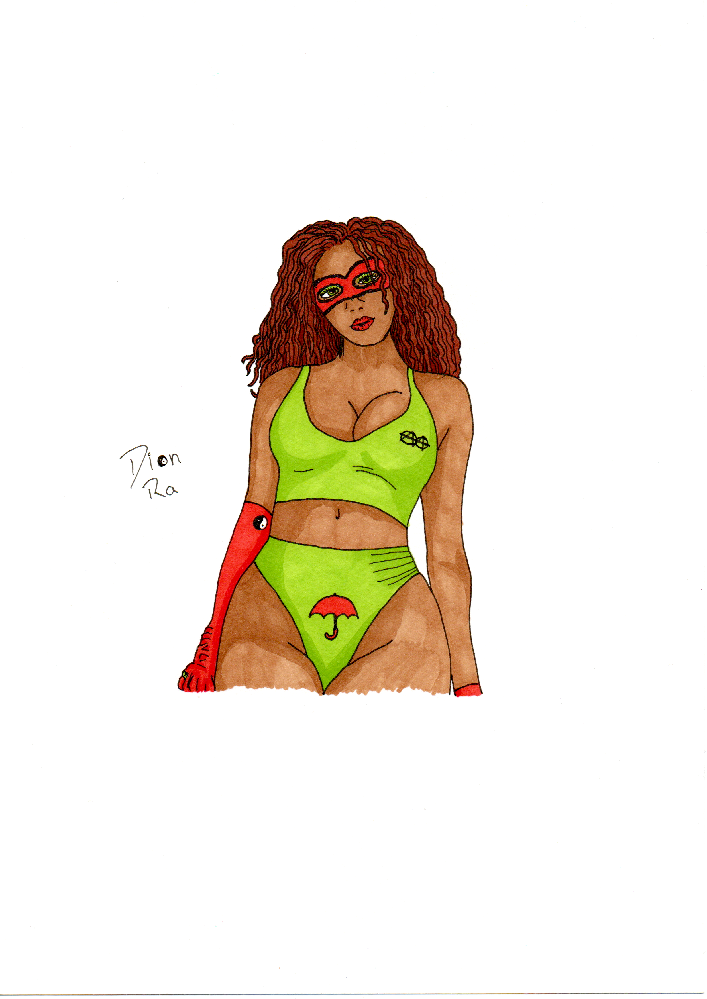 An alcohol marker illustraton of a light-skinned Black woman. She is wearing a bright green tankini with a red umbrella on the front of the bottoms, and an anarchist mutual aid symbol on the left breast. She has a long red glove on her right arm with a yin-yang symbol on the inner elbow and a ring on her little finger, and a short red glove on her left hand. Her hair is red and curly and comes down to her shoulders. Her face is highlighted by bright red lipstick and bright green eyeshadow that matches her green eyes. Her eyes are framed by a red superhero mask that has black lacing around the edges, resembling lingerie.