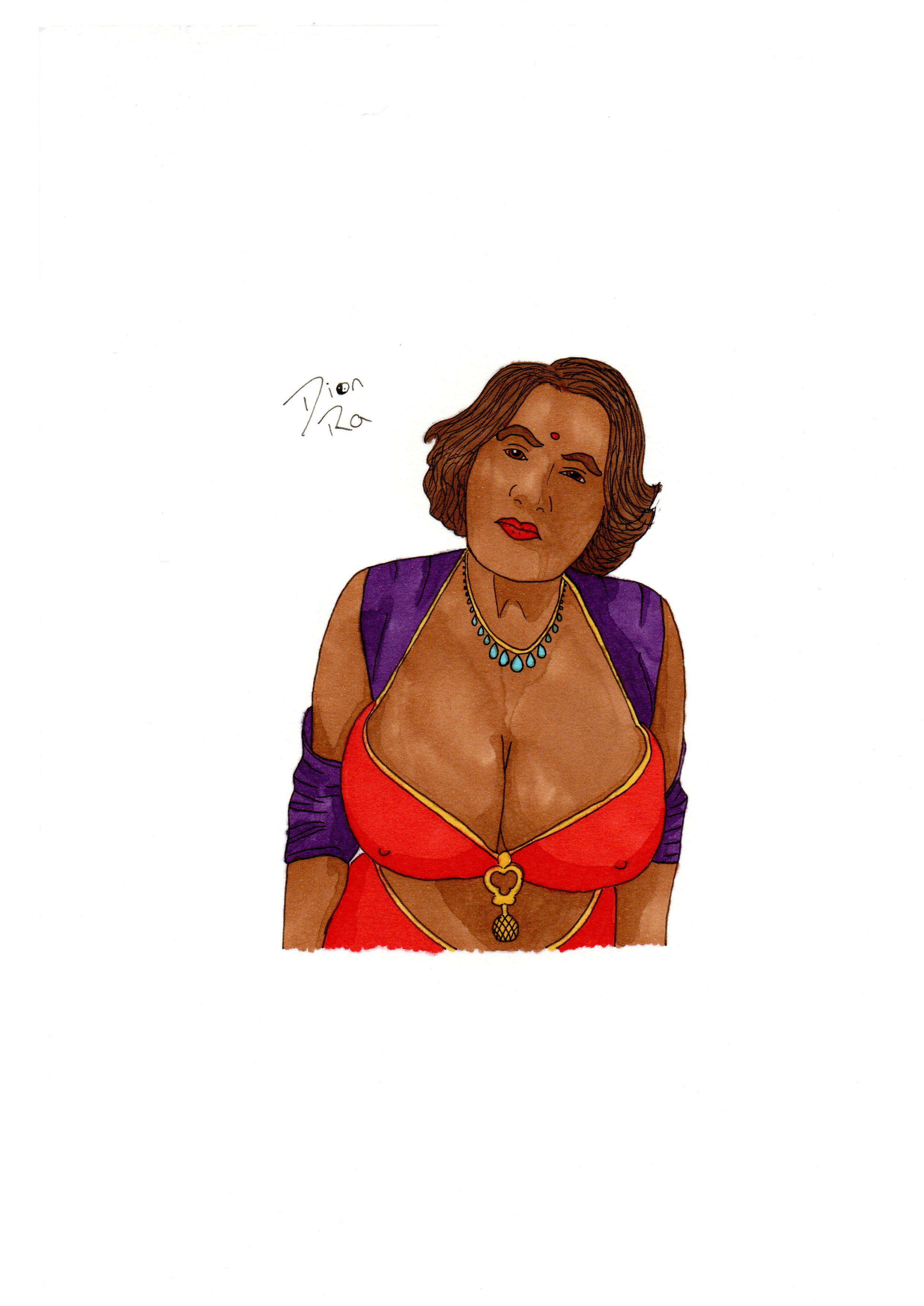 An alcohol marker illustraton of a brown-skinned East Indian woman with large breasts on full display and a red bindi on her forehead. She is wearing a red bikini with gold edging and a decorative gold piece hanging off the centre of it. A royal purple shawl hands down from her shoulders and wraps around both elbows, mostly hidden behind her back. She is leaning forward with her head tilted to one side, as if to ask you what you're looking at. Her hair is brown and medium length, curling out just below her ears which are entirely covered. She also has a gold necklace with many light blue tear-drop gems hanging off of it, and bright red lipstick.