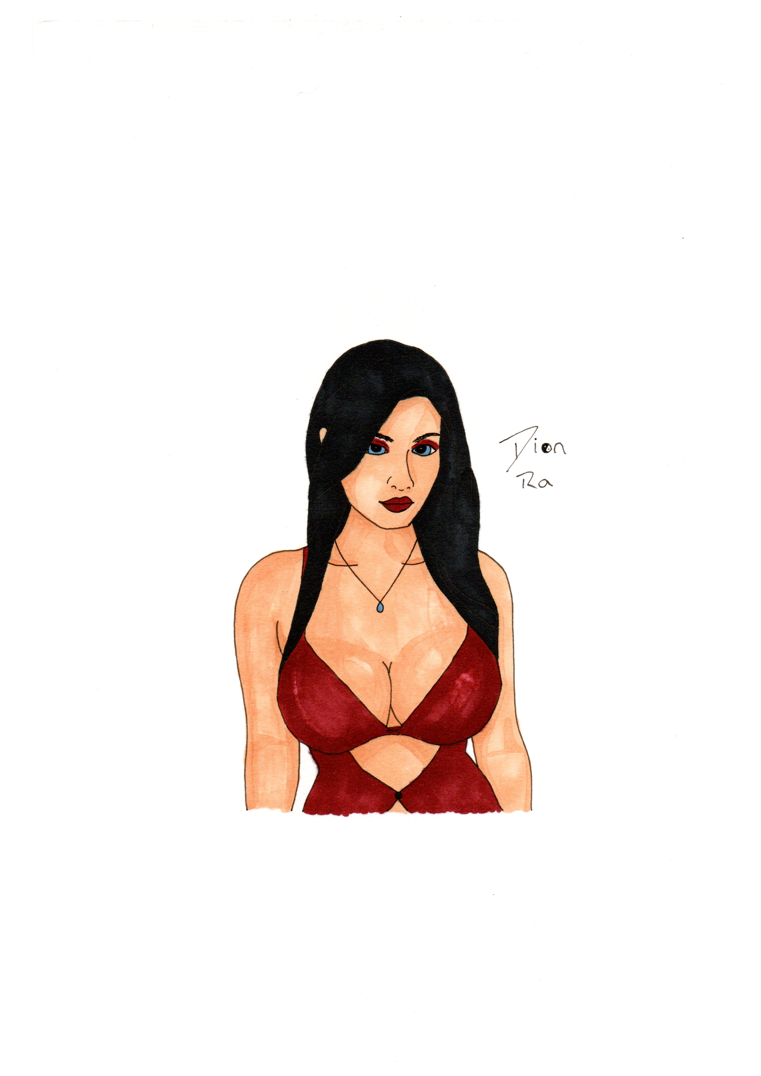 An alcohol marker illustraton of a white woman with long black hair in a red dress with cutouts in the front and a lot of cleavage. She is wearing red lipstick and matching red eyeshadow. Her eyes are bright blue and she is wearing a long necklace with a small blue pendant that matches her eyes.